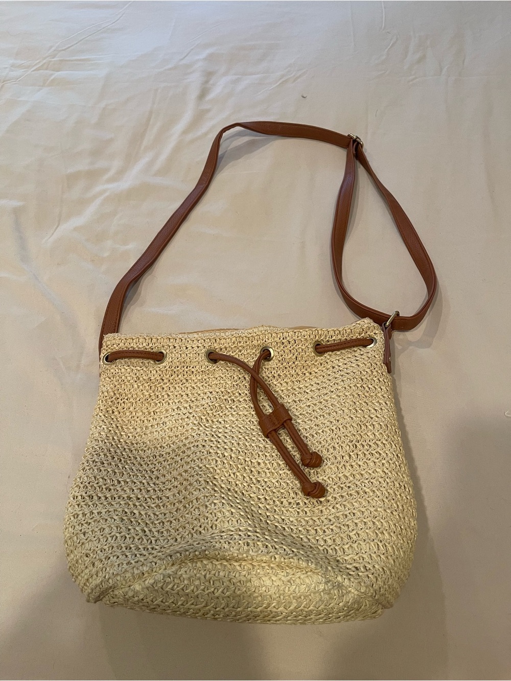 Woven Bucket Crossbody Bag in Cream with Brown Trim